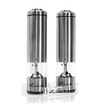 Electric Salt and Pepper Grinder Set (x2 Mills) with Tray by Culinarc - Battery Operated Mill with Ceramic Grinders - Adjustable Coarseness with Automatic LED Light - Durable Stainless Steel Design