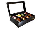 The Bamboo Leaf Wooden Tea Storage Chest Box with 8 Compartments and Glass Window (Black)