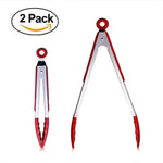 Cooking Tongs, Wik Suang Heat Resistant Kitchen Tongs, Stainless Steel With Silicone Heads, Non Stick Locking Tongs, Good Grips Barbecue Tongs (Red)