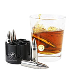 WHISKEY BULLET STONES WITH BASE - XL 2.5" Extra Large Bullet-Shaped Chillers, Unique Revolver Cylinder Freezer Base, Set of 6 Stainless Steel Chilling Stones, Gift for Whisky, Bourbon Lovers