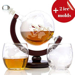 Whiskey Globe Decanter Set - 850 ml with Silicone Ice Molds & Two World Etched Whiskey Glasses (300ml) Wooden Base and Safe Package - Perfect Gift Set for Liquor, Scotch, Bourbon, Vodka and Wine