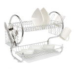 2-Tier Kitchen Dish Plate Storage Organizer and Drying Rack with Removable White Utensil Holder, Chrome-Plated