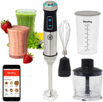 Mealthy Immersion Hand Blender: 500 Watt, 10 Speed Controls Plus Turbo, Includes 500mL Chopper and Whisk, and 600mL Smoothie Cup. Stainless Steel & BPA-free; Instant Access to Recipe App with Videos