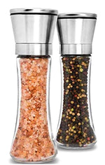 Salt and Pepper Grinder Set - Mill and Shakers Kit - Brushed Stainless Steel, Tall Premium Glass and Adjustable Ceramic Grinding System for Cooking Spices - Perfect on Kitchen by Braviloni