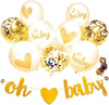 Baby Shower Decorations Neutral Decor Strung Banner"Oh" and"Baby" & 9PC Balloons w/Ribbon [Gold, Confetti, White] Kit Set by YouParty