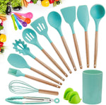 Kitchen Utensil Set Silicone Cooking Utensils, CROSDE 15pcs Kitchen Utensils Set Tools Wooden Handles Spatula Set Cookware Turner Tongs Spatula Spoon Kitchen Gadgets with Holder - Teal