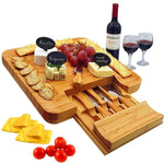 Bamboo Cheese Board & Cutlery Set with Slide-Out Drawer, 4 Stainless Steel Knife, Wood Platter & Serving Tray. Includes 3 Label & Chalk, Unique Gift Idea for Mom, Wedding Day, Engagement and Birthday