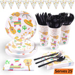 Duocute Fiesta Party Supplies 177PCS Mexican Theme Cinco De Mayo Disposable Tableware Set Includes Plates, 12oz Cups, Napkins, Spoons, Forks, Knives, Tablecloth and Banner, Serves 25