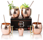 Moscow Mule Copper Mugs - Set of 4 - 100% HANDCRAFTED Pure Solid Copper Mugs - 16 Oz Gift Set with Highest Quality Cocktail Copper Straws, Copper Shot Glass & 2 E-Books by Copper-Bar